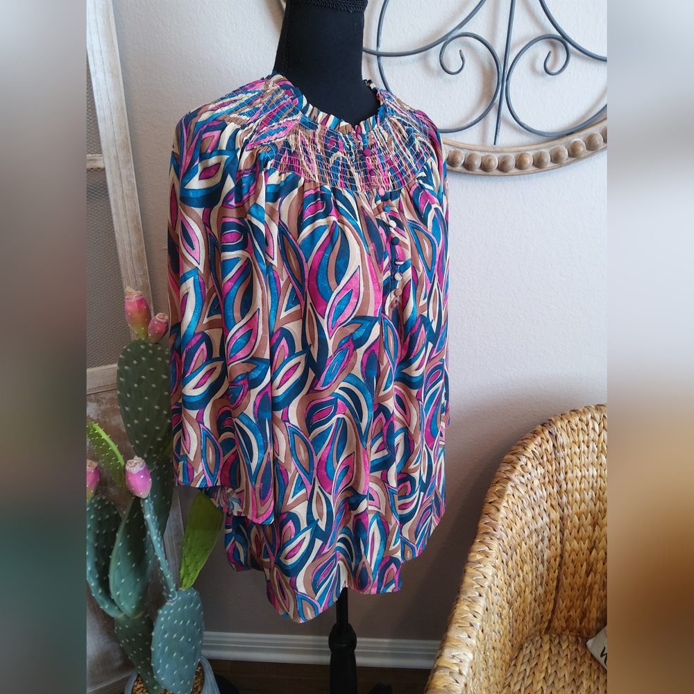 Investments Multicolor Leaf-Print Smocked-Neck Blouse - Picture 5 of 11